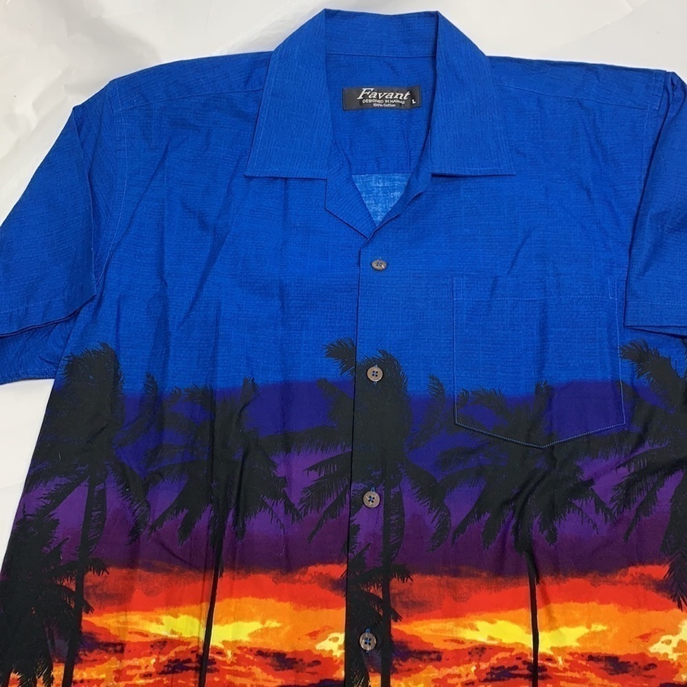 MEN’S Favant Blue Hawaiian Pattern Button Down Short Sleeve Shirt Size Large